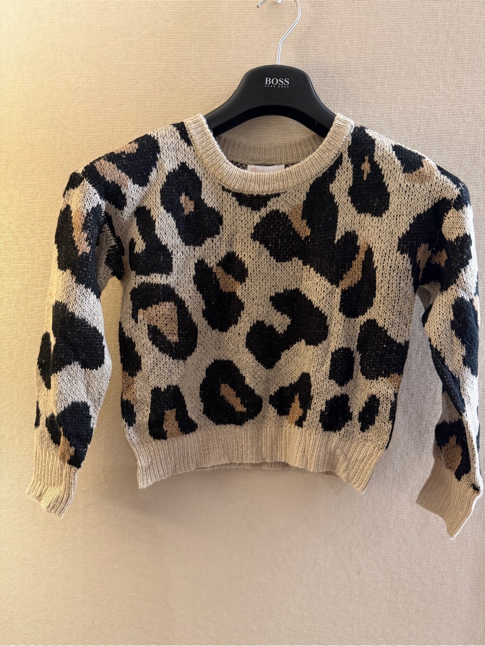 GB girls Leopard-Print Crewneck Sweater in Beige and Black